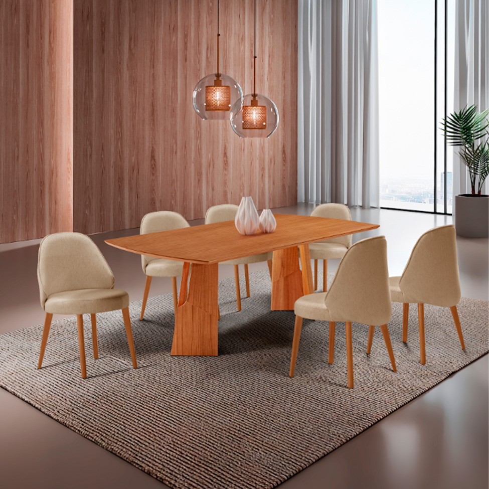 Conjunto de Mesa Retangular com Tampo Laminado Valência e 6 Cadeiras Floripa Linho Turim e Cinamomo