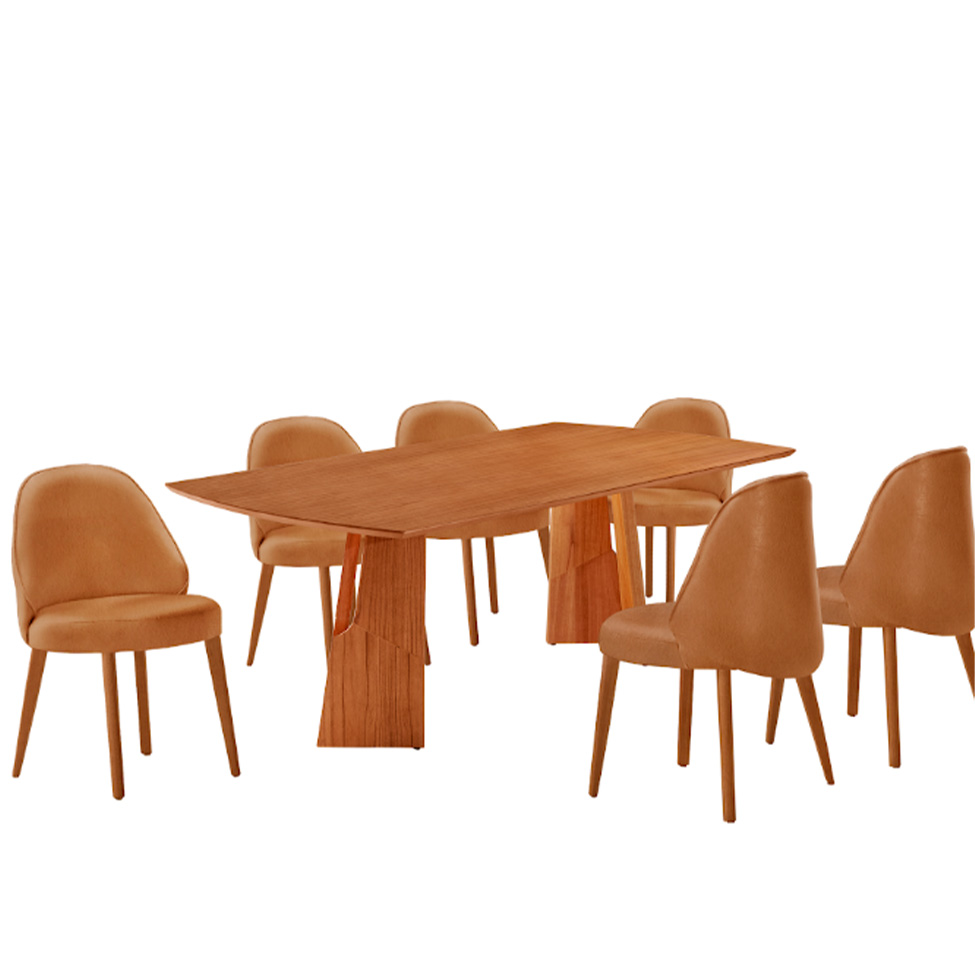 Conjunto de Mesa Retangular com Tampo Laminado Valência e 6 Cadeiras Floripa Tecido Sintético Caramelo e Cinamomo