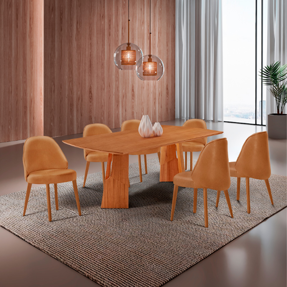 Conjunto de Mesa Retangular com Tampo Laminado Valência e 6 Cadeiras Floripa Tecido Sintético Caramelo e Cinamomo