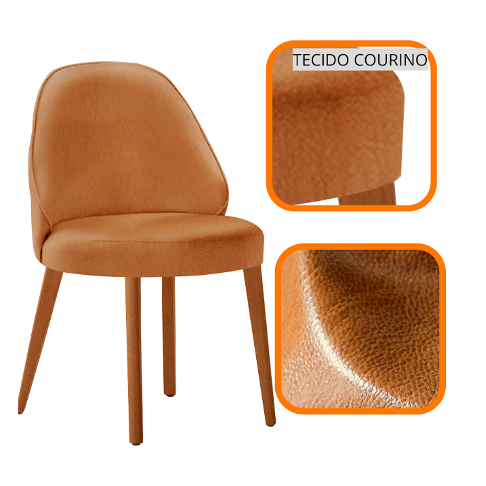Conjunto de Mesa Retangular com Tampo Laminado Valência e 6 Cadeiras Floripa Tecido Sintético Caramelo e Cinamomo