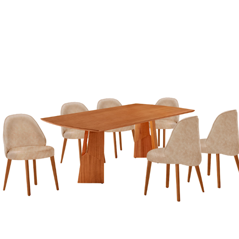 Conjunto de Mesa Retangular com Tampo Laminado Valência e 6 Cadeiras Floripa Tecido Sintético Milano e Cinamomo