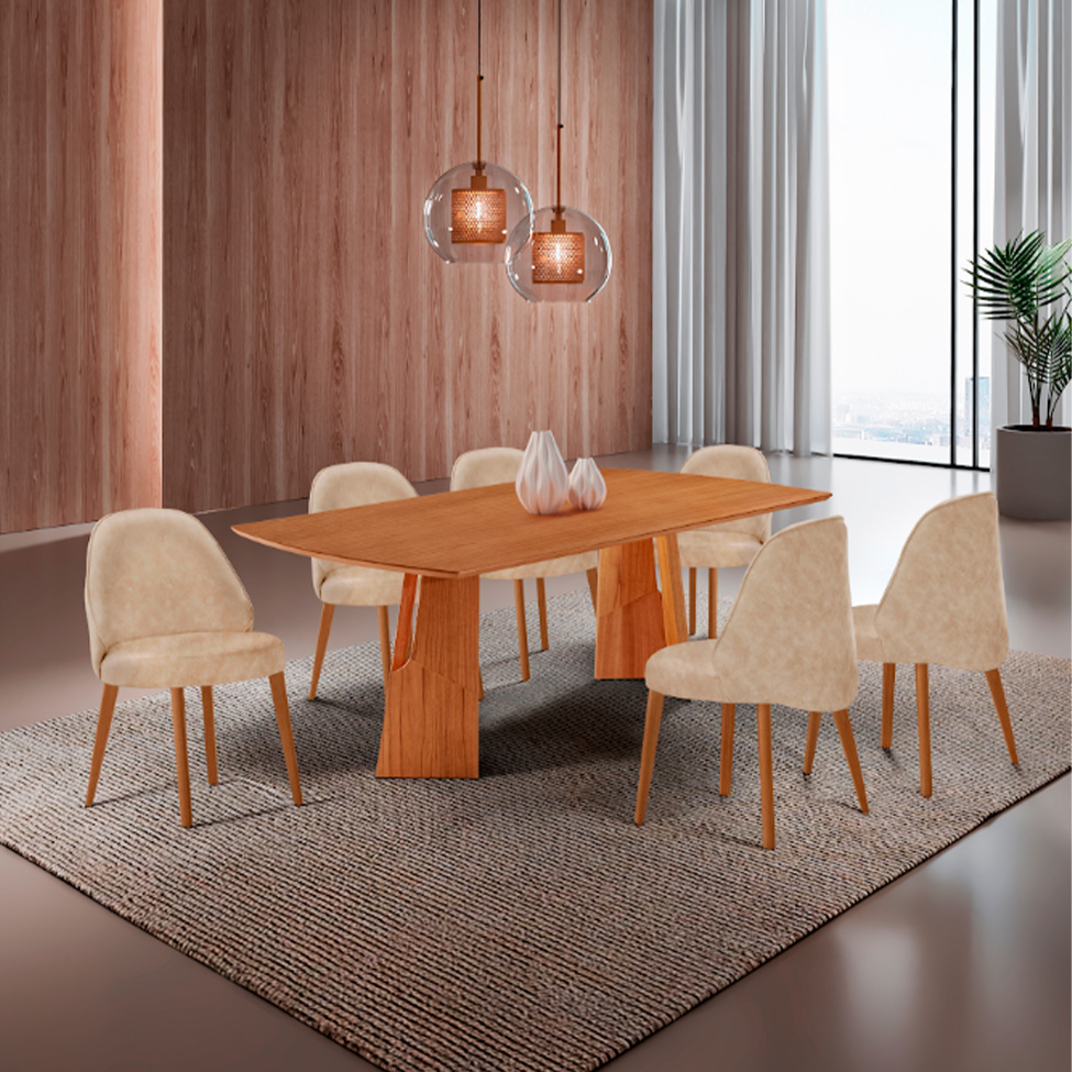 Conjunto de Mesa Retangular com Tampo Laminado Valência e 6 Cadeiras Floripa Tecido Sintético Milano e Cinamomo