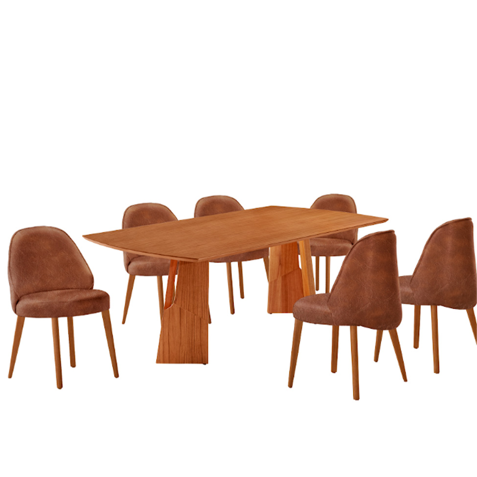 Conjunto de Mesa Retangular com Tampo Laminado Valência e 6 Cadeiras Floripa Tecido Sintético Puce e Cinamomo