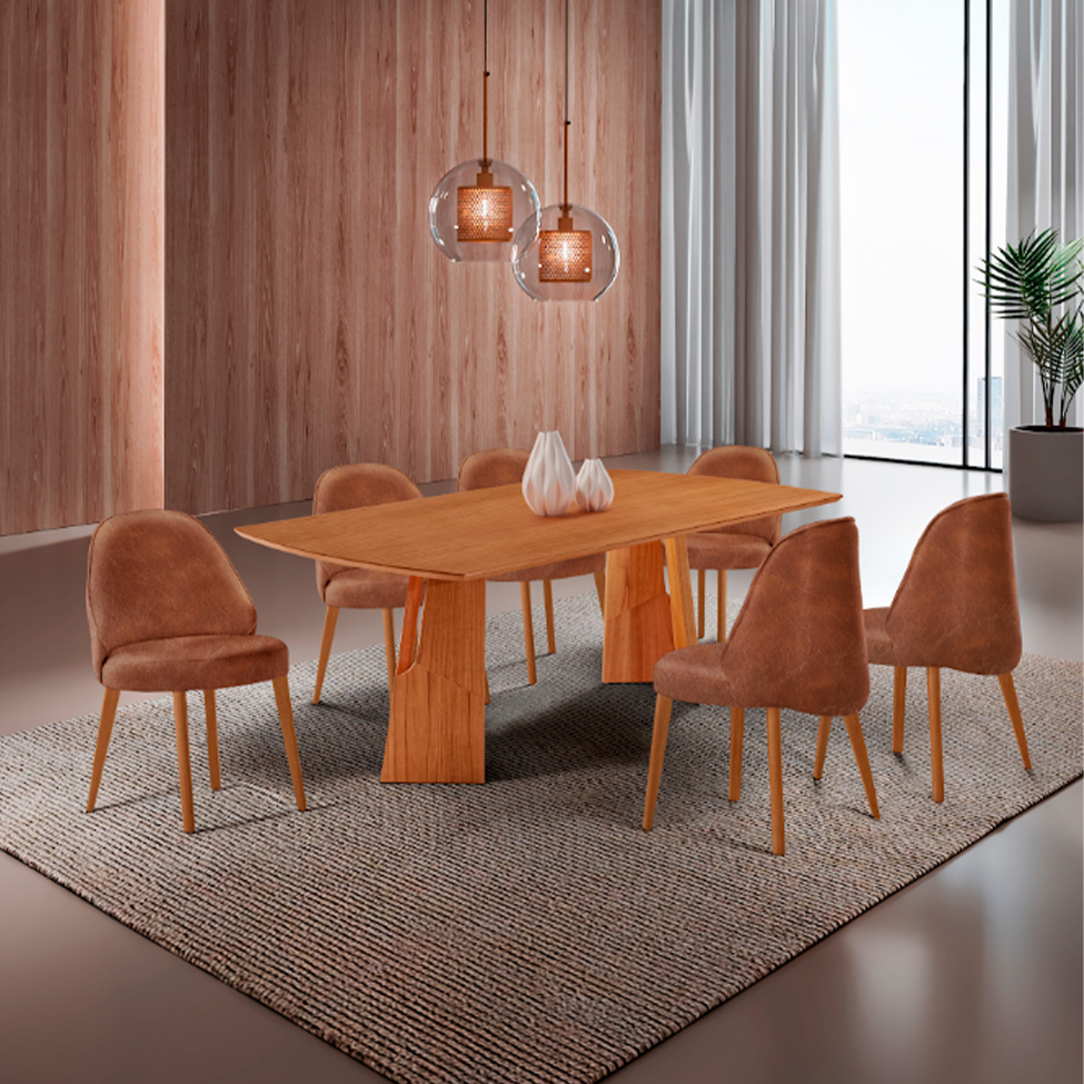 Conjunto de Mesa Retangular com Tampo Laminado Valência e 6 Cadeiras Floripa Tecido Sintético Puce e Cinamomo