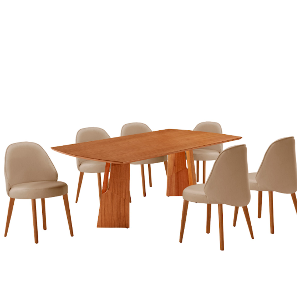 Conjunto de Mesa Retangular com Tampo Laminado Valência e 6 Cadeiras Floripa Veludo Bege e Cinamomo
