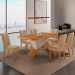 Conjunto de Mesa Retangular com Tampo MDF Ayla e 6 Cadeiras Turquesa Linho Bege e Amadeirado 180 cm
