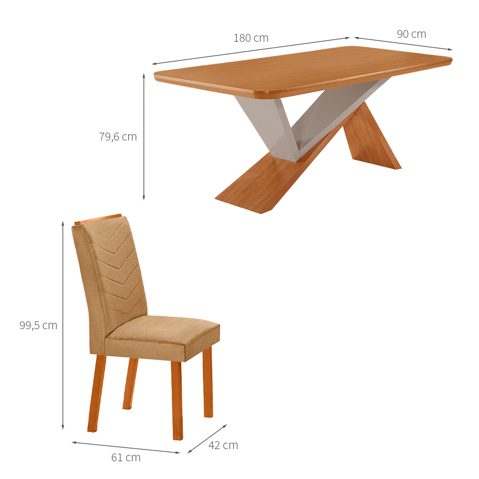 Conjunto de Mesa Retangular com Tampo MDF Ayla e 6 Cadeiras Turquesa Linho Bege e Amadeirado 180 cm