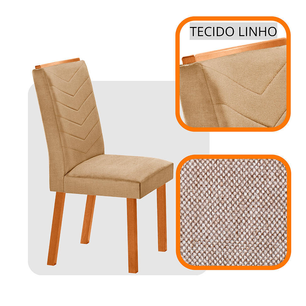 Conjunto de Mesa Retangular com Tampo MDF Ayla e 6 Cadeiras Turquesa Linho Bege e Amadeirado 180 cm