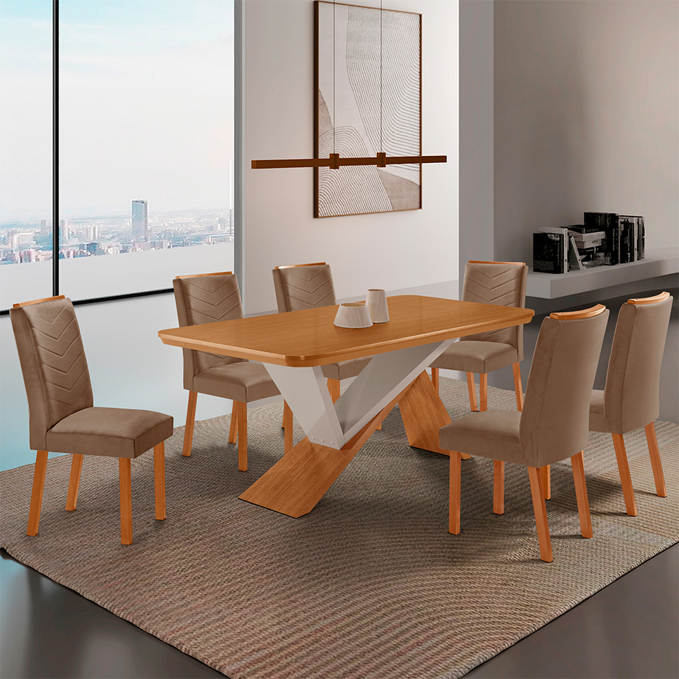 Conjunto de Mesa Retangular com Tampo MDF Ayla e 6 Cadeiras Turquesa Veludo Capuccino e Amadeirado 180 cm