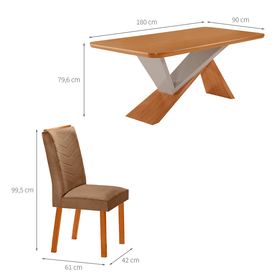 Conjunto de Mesa Retangular com Tampo MDF Ayla e 6 Cadeiras Turquesa Veludo Capuccino e Amadeirado 180 cm