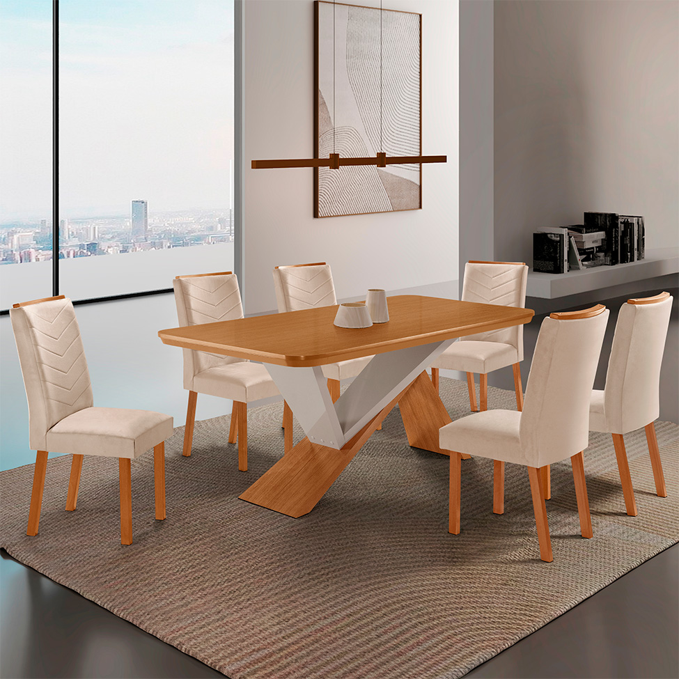 Conjunto de Mesa Retangular com Tampo MDF Ayla e 6 Cadeiras Turquesa Veludo Creme e Amadeirado 180 cm