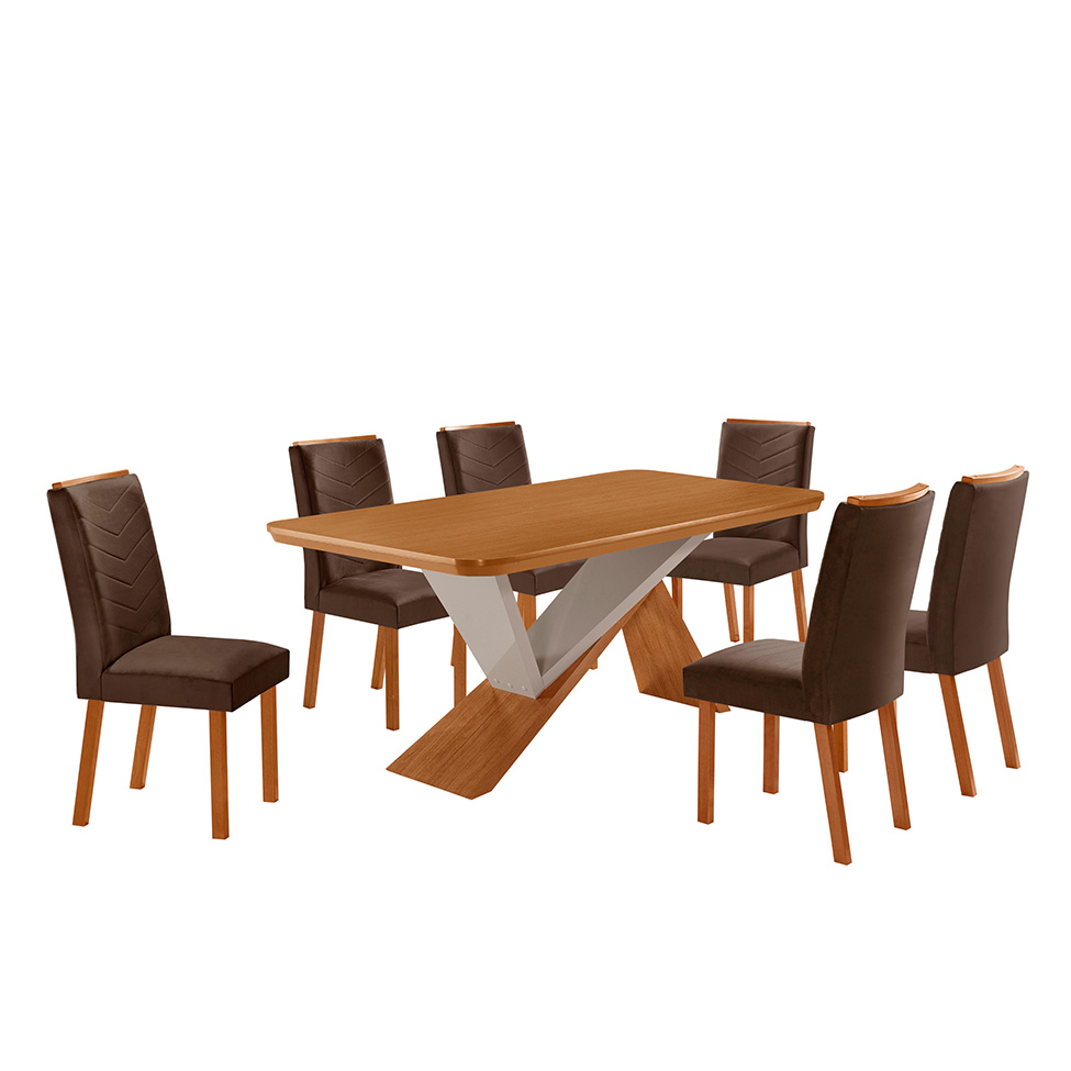 Conjunto de Mesa Retangular com Tampo MDF Ayla e 6 Cadeiras Turquesa Veludo Marrom e Amadeirado 180 cm