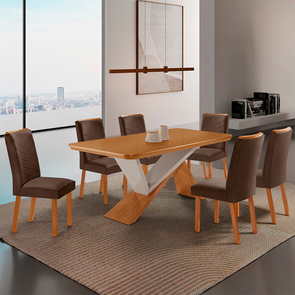 Conjunto de Mesa Retangular com Tampo MDF Ayla e 6 Cadeiras Turquesa Veludo Marrom e Amadeirado 180 cm
