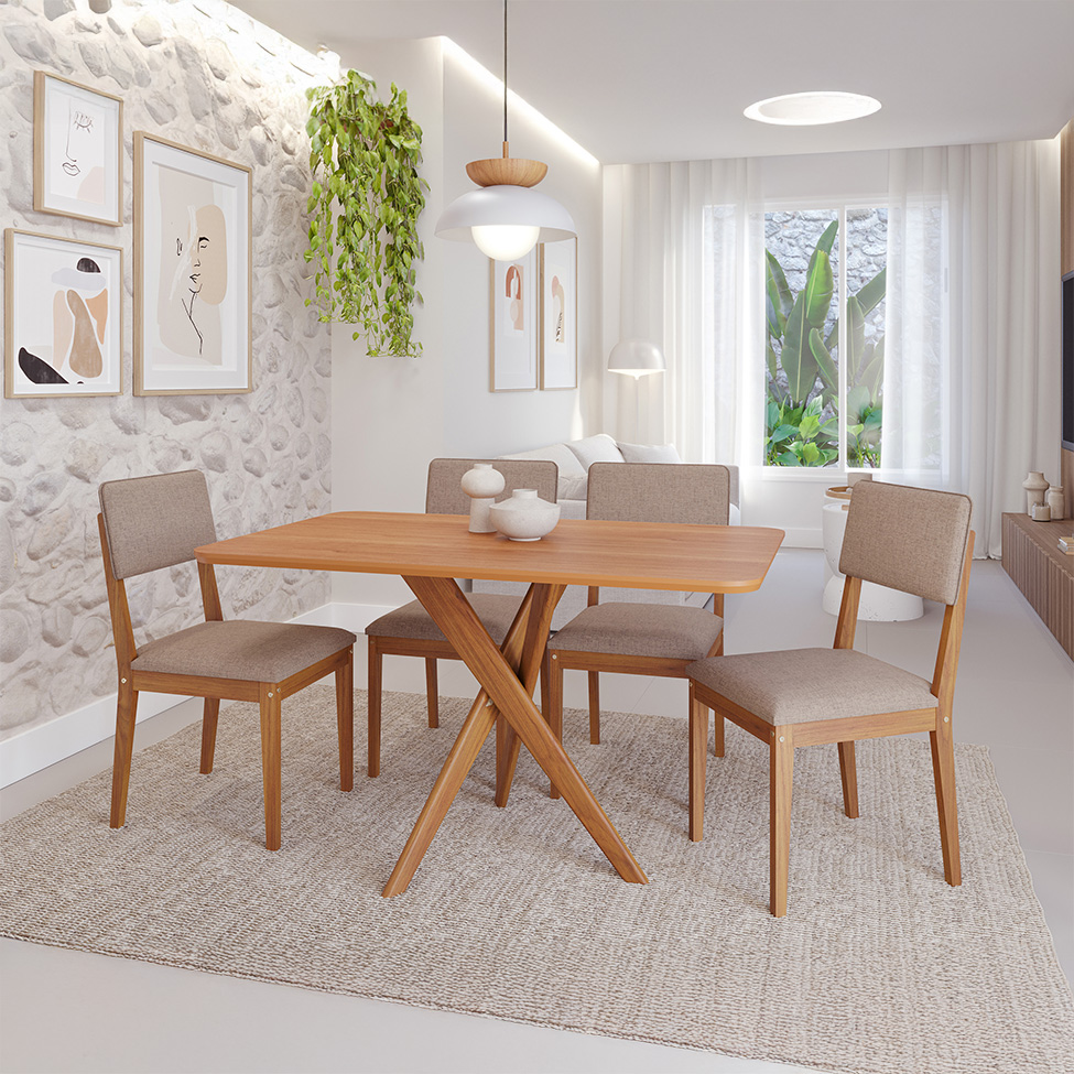 Conjunto de Mesa Retangular com Tampo MDF Cacau e 4 Cadeiras Sabiá Linho Marrom e Cinamomo