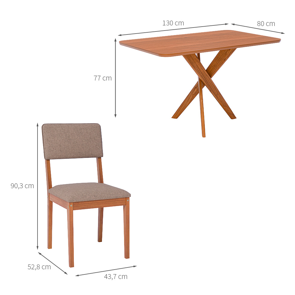 Conjunto de Mesa Retangular com Tampo MDF Cacau e 4 Cadeiras Sabiá Linho Marrom e Cinamomo