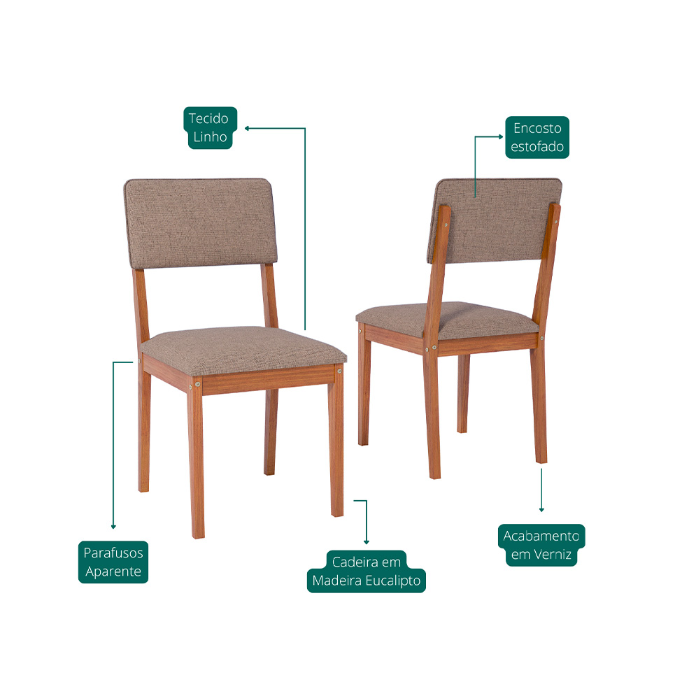 Conjunto de Mesa Retangular com Tampo MDF Cacau e 4 Cadeiras Sabiá Linho Marrom e Cinamomo