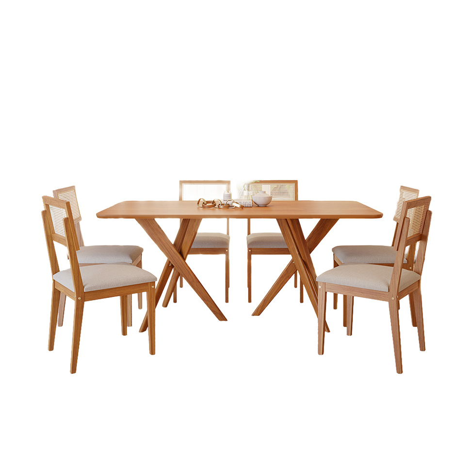 Conjunto de Mesa Retangular com Tampo MDF Cacau e 6 Cadeiras Palmas Linho Bege e Cinamomo