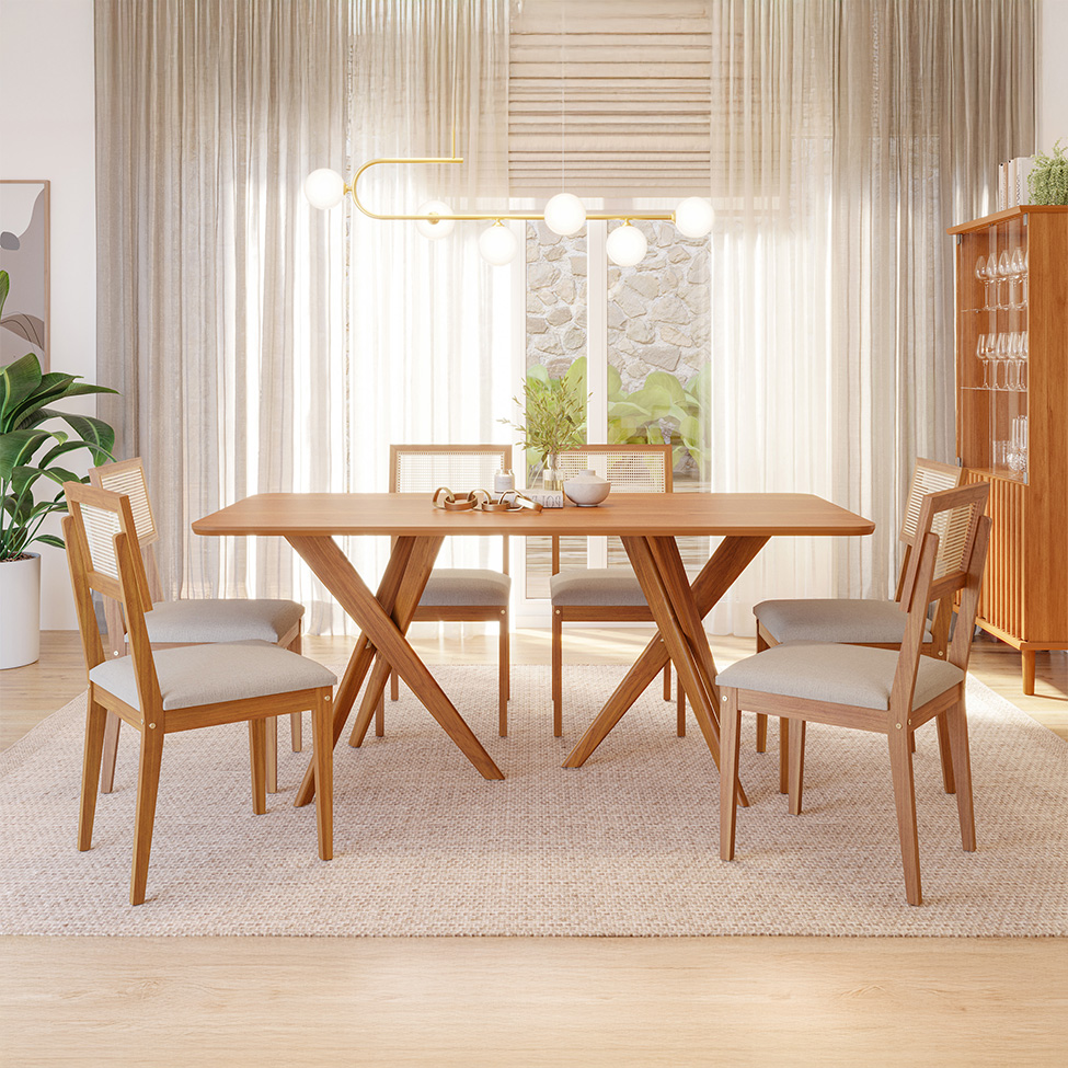 Conjunto de Mesa Retangular com Tampo MDF Cacau e 6 Cadeiras Palmas Linho Bege e Cinamomo