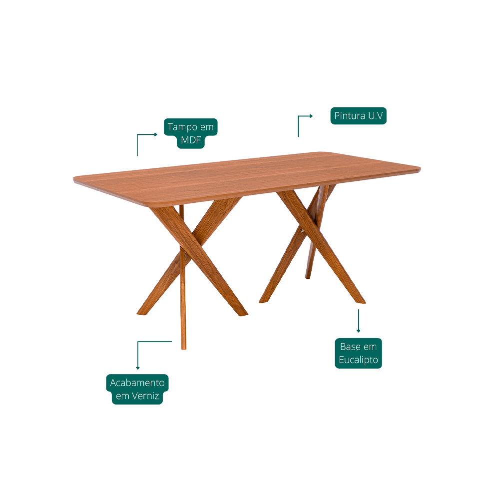 Conjunto de Mesa Retangular com Tampo MDF Cacau e 6 Cadeiras Palmas Linho Bege e Cinamomo