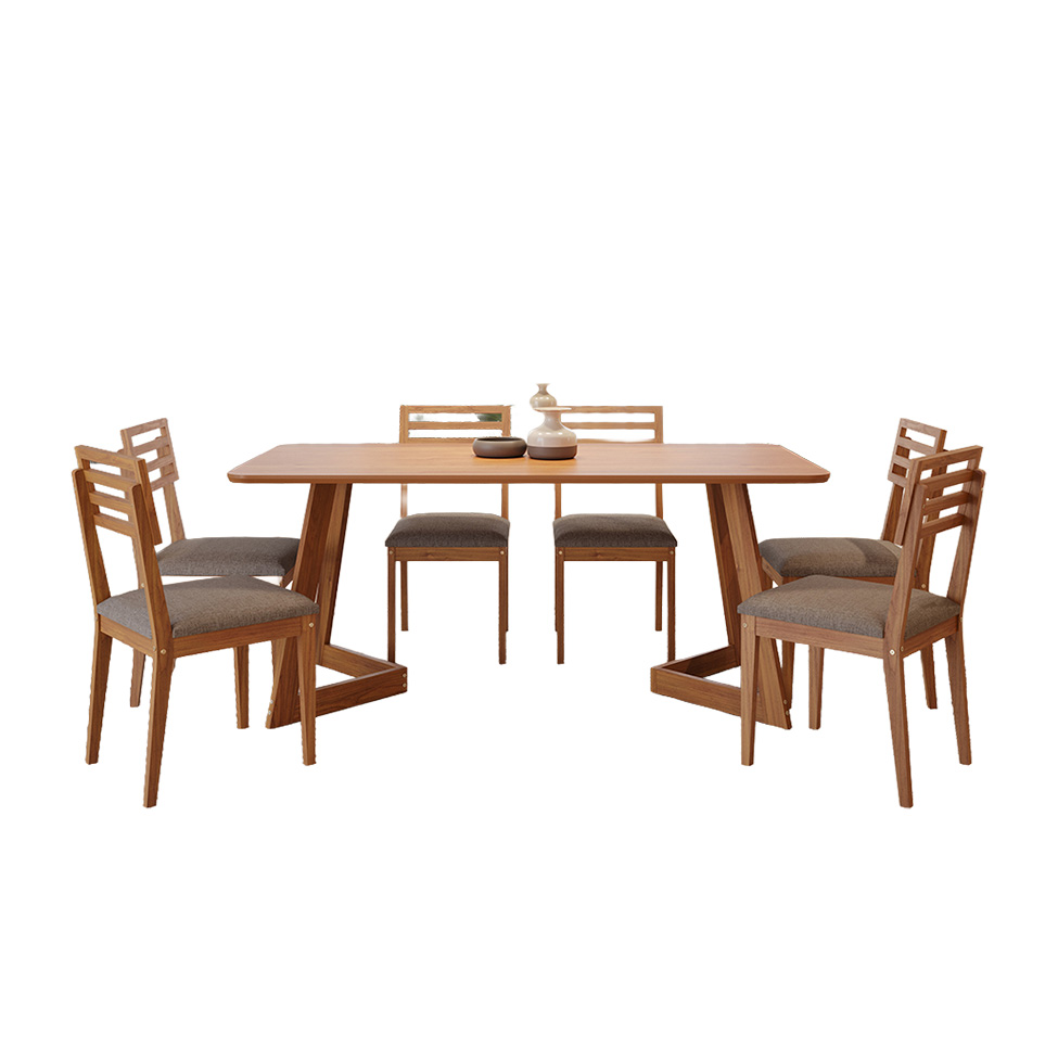 Conjunto de Mesa Retangular com Tampo MDF Caju e 6 Cadeiras Juparanã Linho Bege e Cinamomo