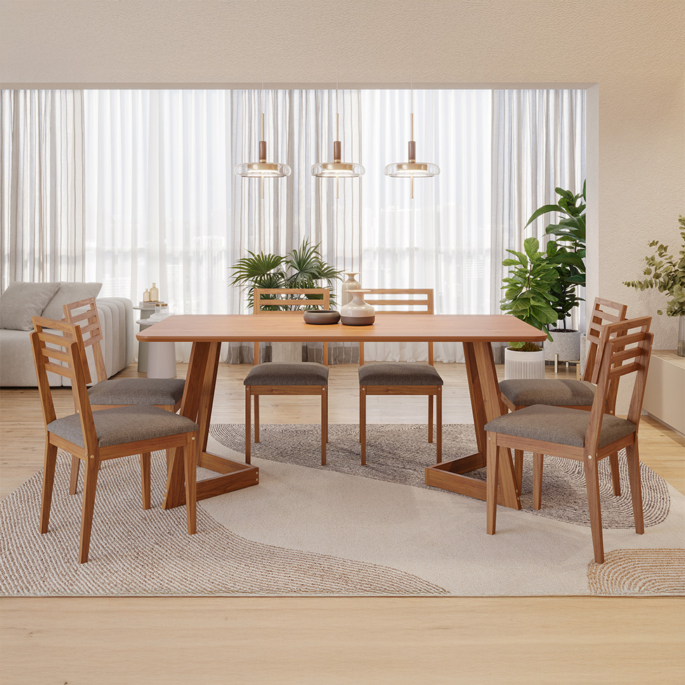 Conjunto de Mesa Retangular com Tampo MDF Caju e 6 Cadeiras Juparanã Linho Bege e Cinamomo