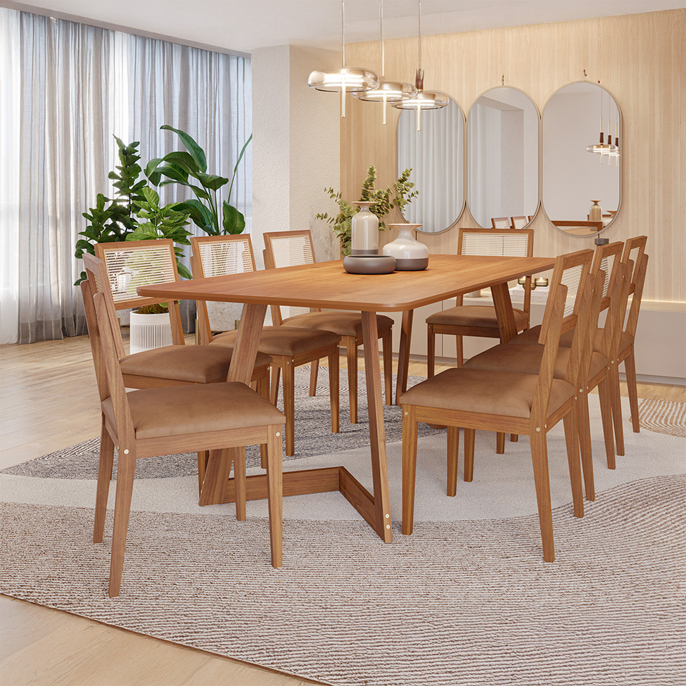 Conjunto de Mesa Retangular com Tampo MDF Caju e 8 Cadeiras Palmas Revestimento Sintético Marrom e Cinamomo