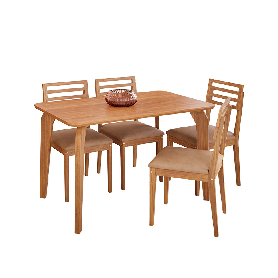 Conjunto de Mesa Retangular com Tampo MDF Papaia e 4 Cadeiras Juparanã Revestimento Sintético Marrom e Cinamomo