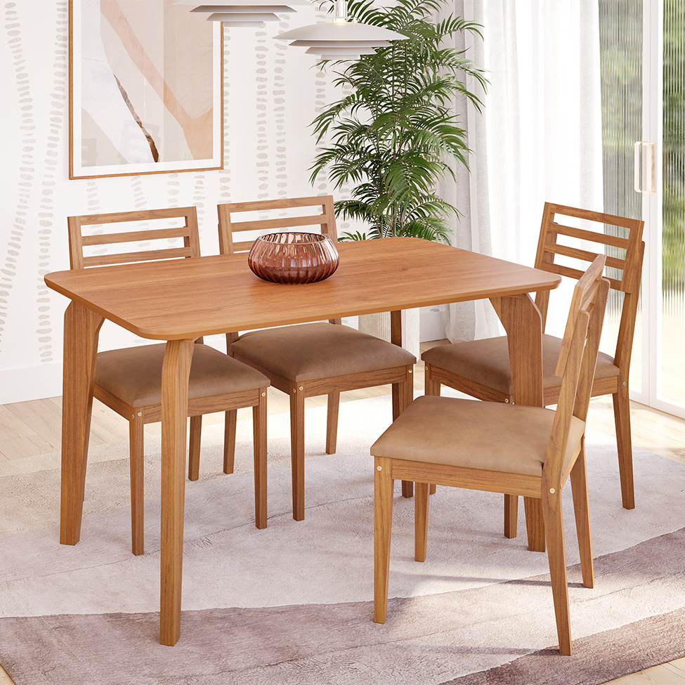 Conjunto de Mesa Retangular com Tampo MDF Papaia e 4 Cadeiras Juparanã Revestimento Sintético Marrom e Cinamomo