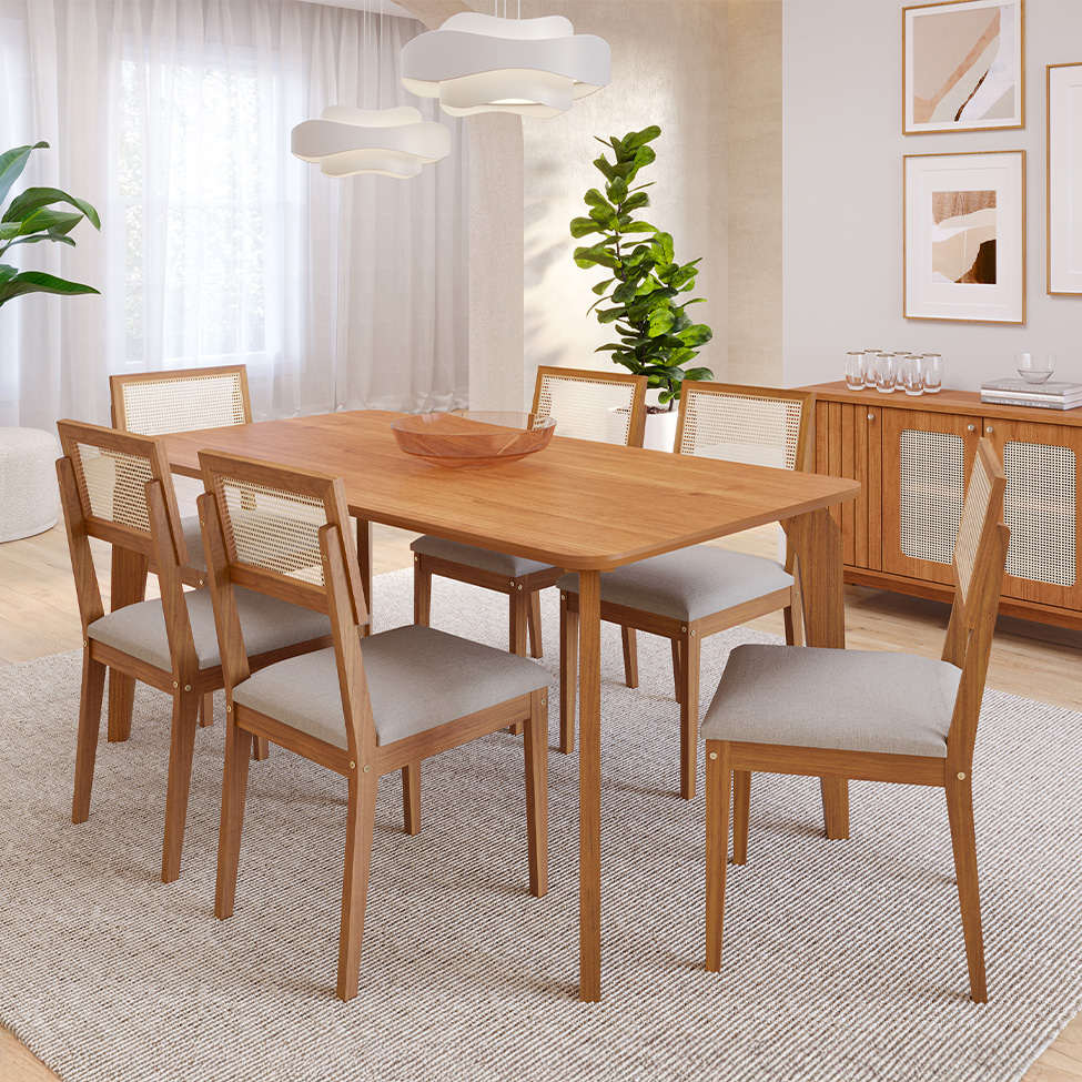 Conjunto de Mesa Retangular com Tampo MDF Papaia e 6 Cadeiras Palmas Linho Bege e Cinamomo