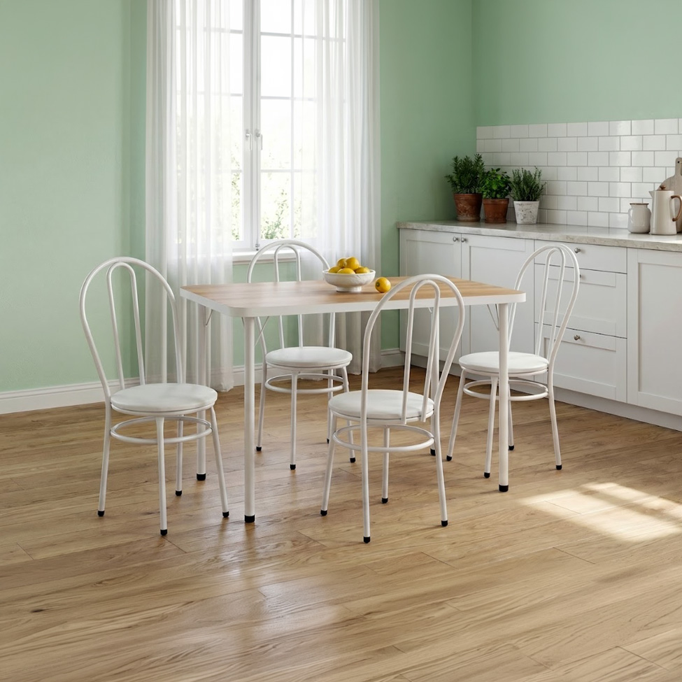 Conjunto de Mesa Retangular com Tampo MDP Amadeirado e 4 Cadeiras Roberta Revestimento Sintético Branco