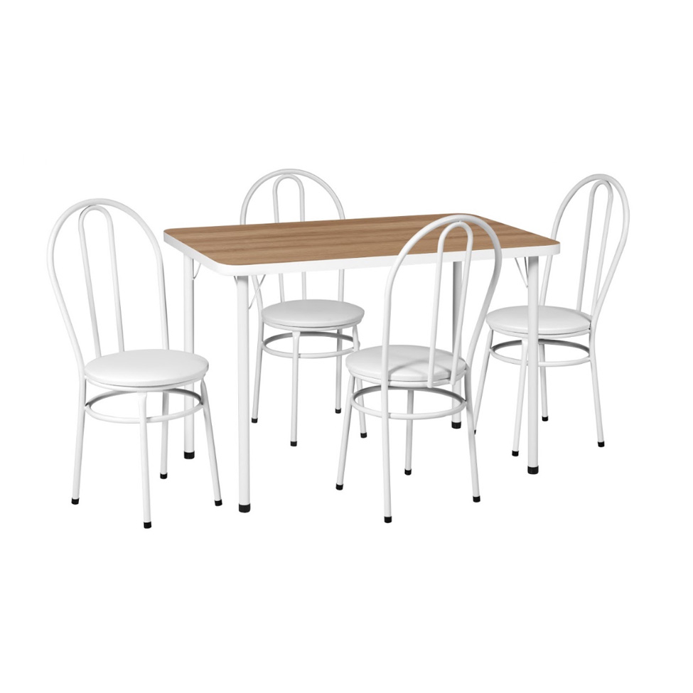 Conjunto de Mesa Retangular com Tampo MDP Amadeirado e 4 Cadeiras Roberta Revestimento Sintético Branco