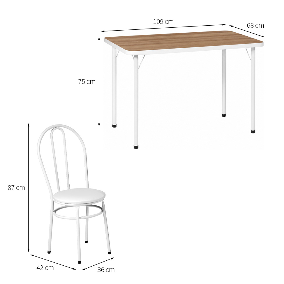 Conjunto de Mesa Retangular com Tampo MDP Amadeirado e 4 Cadeiras Roberta Revestimento Sintético Branco