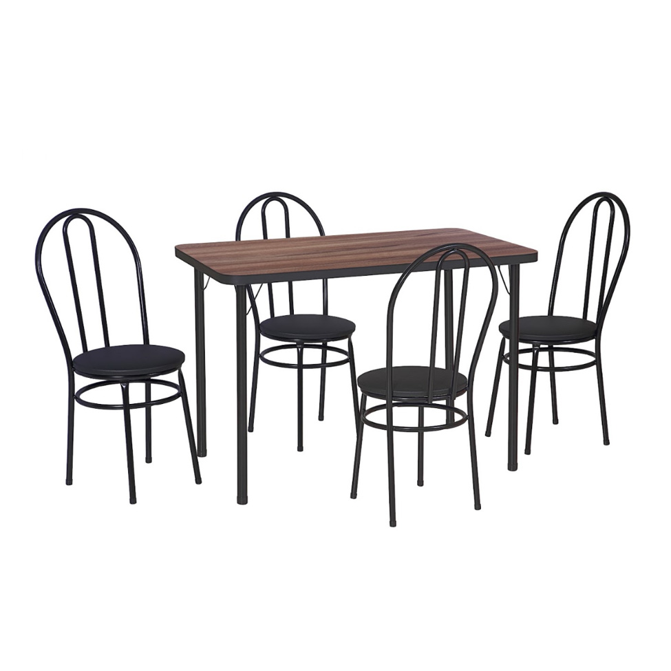 Conjunto de Mesa Retangular com Tampo MDP Amadeirado e 4 Cadeiras Roberta Revestimento Sintético Preto