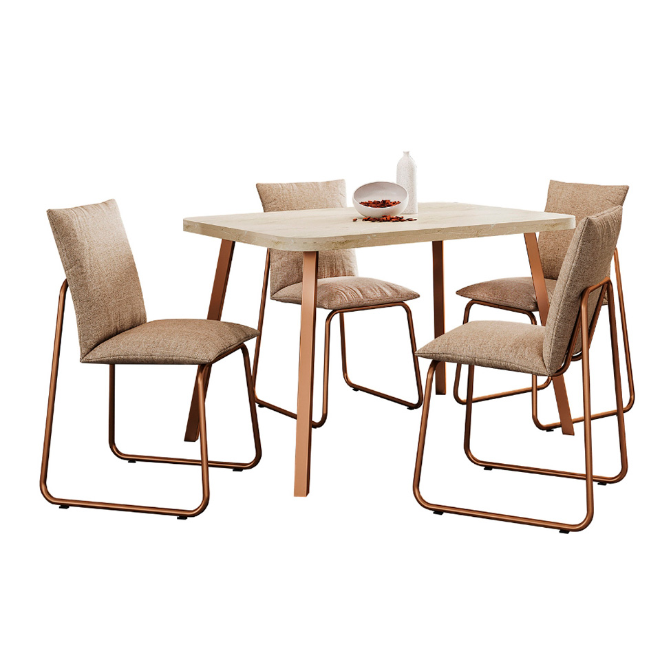 Conjunto de Mesa Retangular com Tampo MDP Petra Stellar e 4 Cadeiras Amélia Linho Areia e Rosê