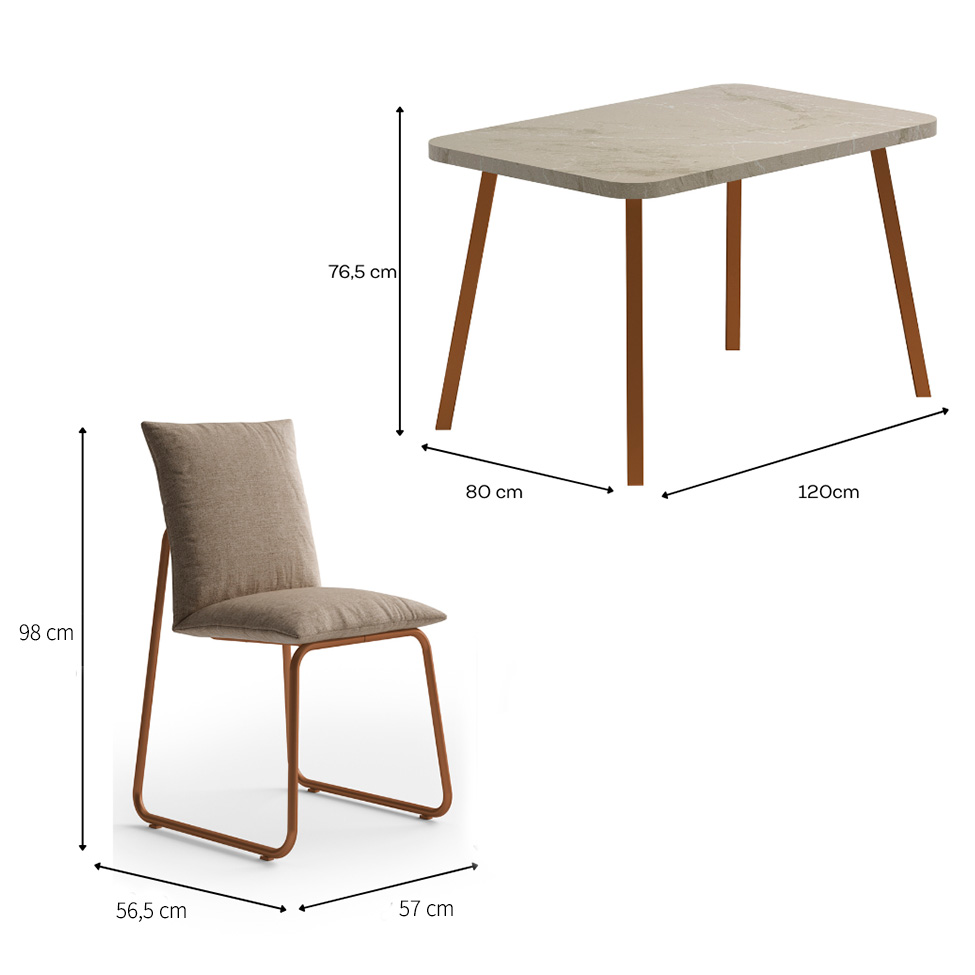 Conjunto de Mesa Retangular com Tampo MDP Petra Stellar e 4 Cadeiras Amélia Linho Areia e Rosê