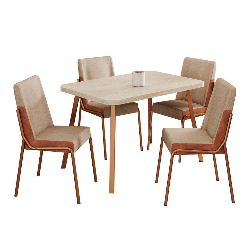 Conjunto de Mesa Retangular com Tampo MDP Petra Stellar e 4 Cadeiras Felipa Linho Areia e Caramelo
