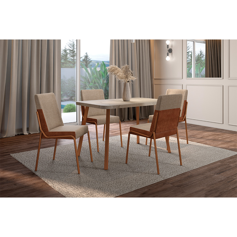 Conjunto de Mesa Retangular com Tampo MDP Petra Stellar e 4 Cadeiras Felipa Linho Areia e Caramelo
