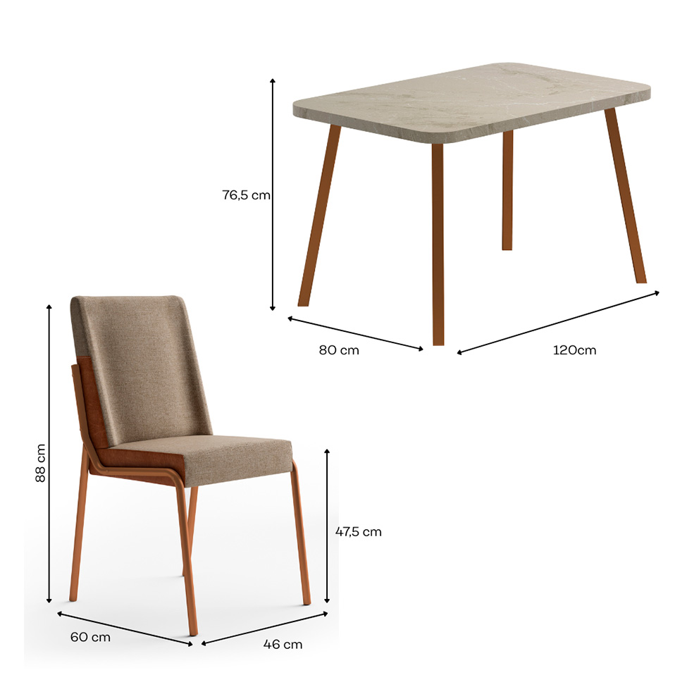 Conjunto de Mesa Retangular com Tampo MDP Petra Stellar e 4 Cadeiras Felipa Linho Areia e Caramelo