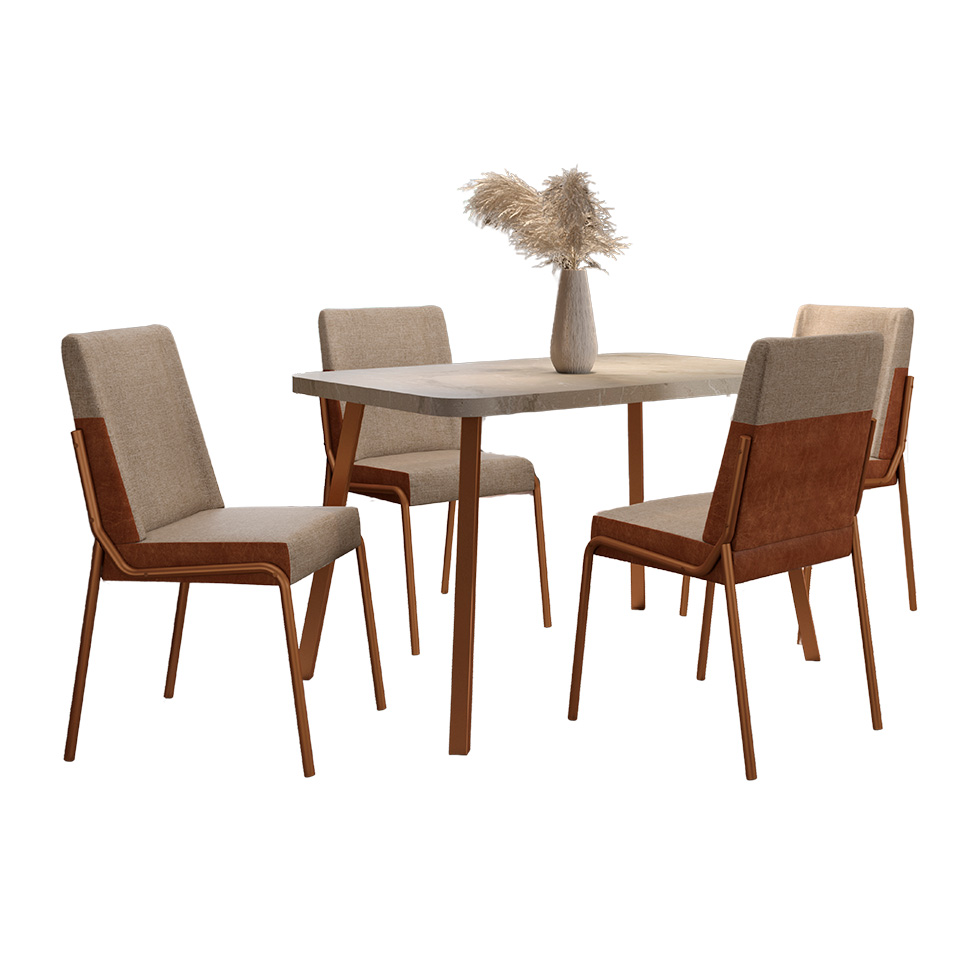 Conjunto de Mesa Retangular com Tampo MDP Petra Stellar e 4 Cadeiras Felipa Linho Areia e Caramelo