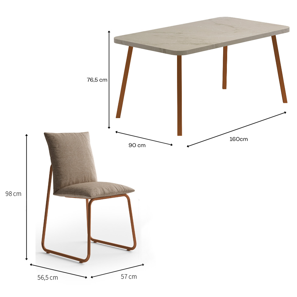 Conjunto de Mesa Retangular com Tampo MDP Petra Stellar e 6 Cadeiras Amélia Linho Areia e Rosê