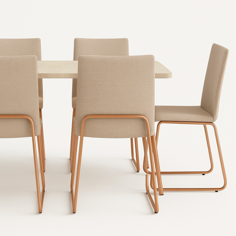 Conjunto de Mesa Retangular com Tampo MDP Petra Stellar e 6 Cadeiras Amélia Linho Areia e Rosê
