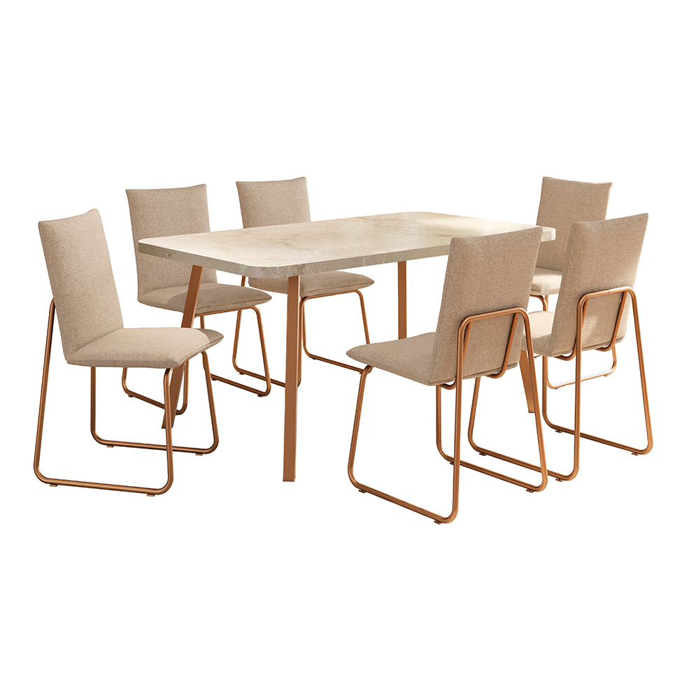 Conjunto de Mesa Retangular com Tampo MDP Petra Stellar e 6 Cadeiras Amélia Linho Areia e Rosê