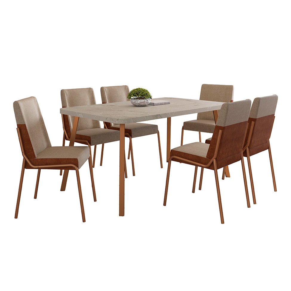 Conjunto de Mesa Retangular com Tampo MDP Petra Stellar e 6 Cadeiras Felipa Linho Areia e Caramelo