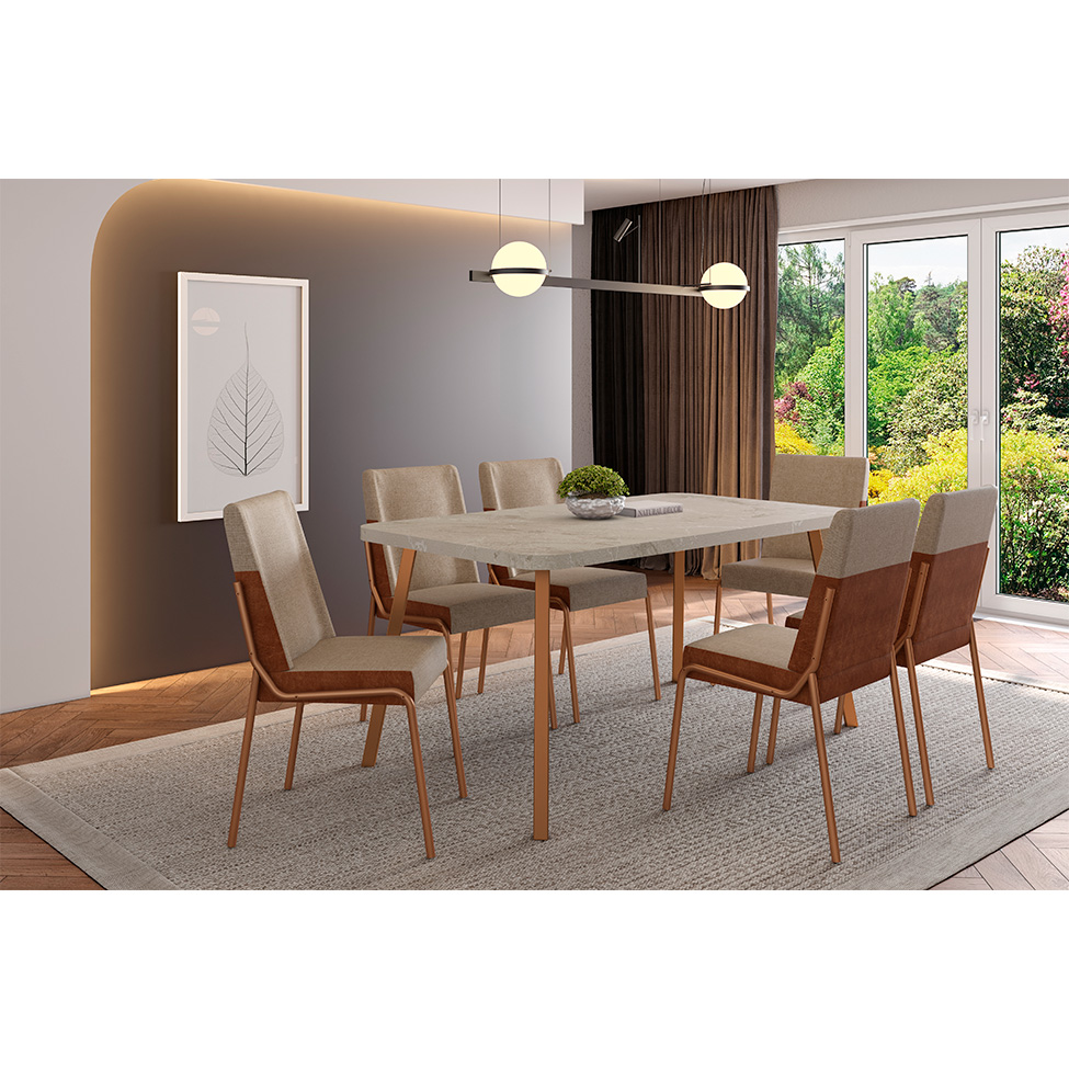Conjunto de Mesa Retangular com Tampo MDP Petra Stellar e 6 Cadeiras Felipa Linho Areia e Caramelo