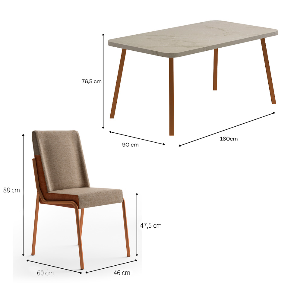 Conjunto de Mesa Retangular com Tampo MDP Petra Stellar e 6 Cadeiras Felipa Linho Areia e Caramelo