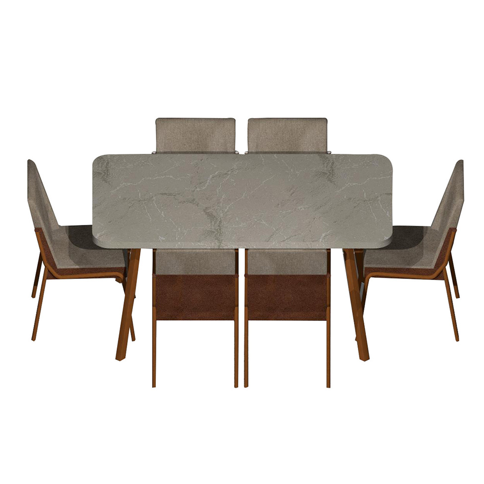 Conjunto de Mesa Retangular com Tampo MDP Petra Stellar e 6 Cadeiras Felipa Linho Areia e Caramelo