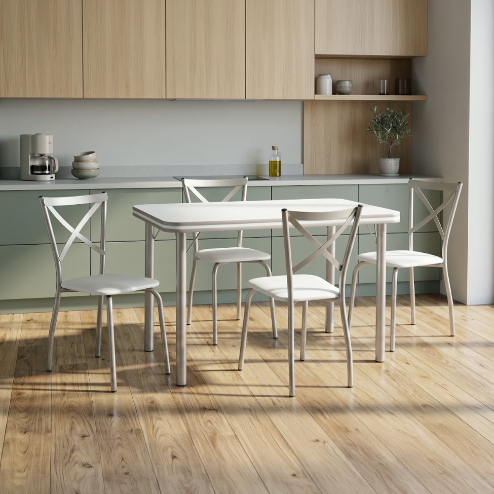 Conjunto de Mesa Retangular com Tampo MDP revestido em Fórmica e 4 Cadeiras Mariana Revestimento Sintético Branco e Champanhe