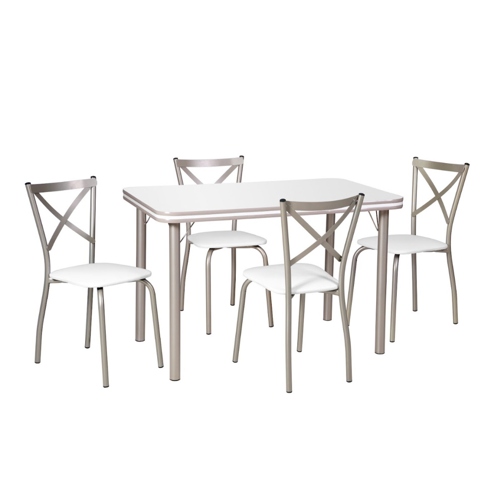 Conjunto de Mesa Retangular com Tampo MDP revestido em Fórmica e 4 Cadeiras Mariana Revestimento Sintético Branco e Champanhe