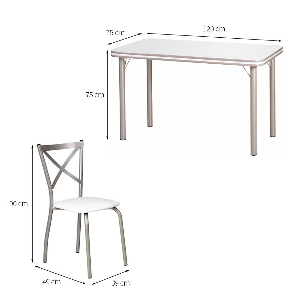 Conjunto de Mesa Retangular com Tampo MDP revestido em Fórmica e 4 Cadeiras Mariana Revestimento Sintético Branco e Champanhe