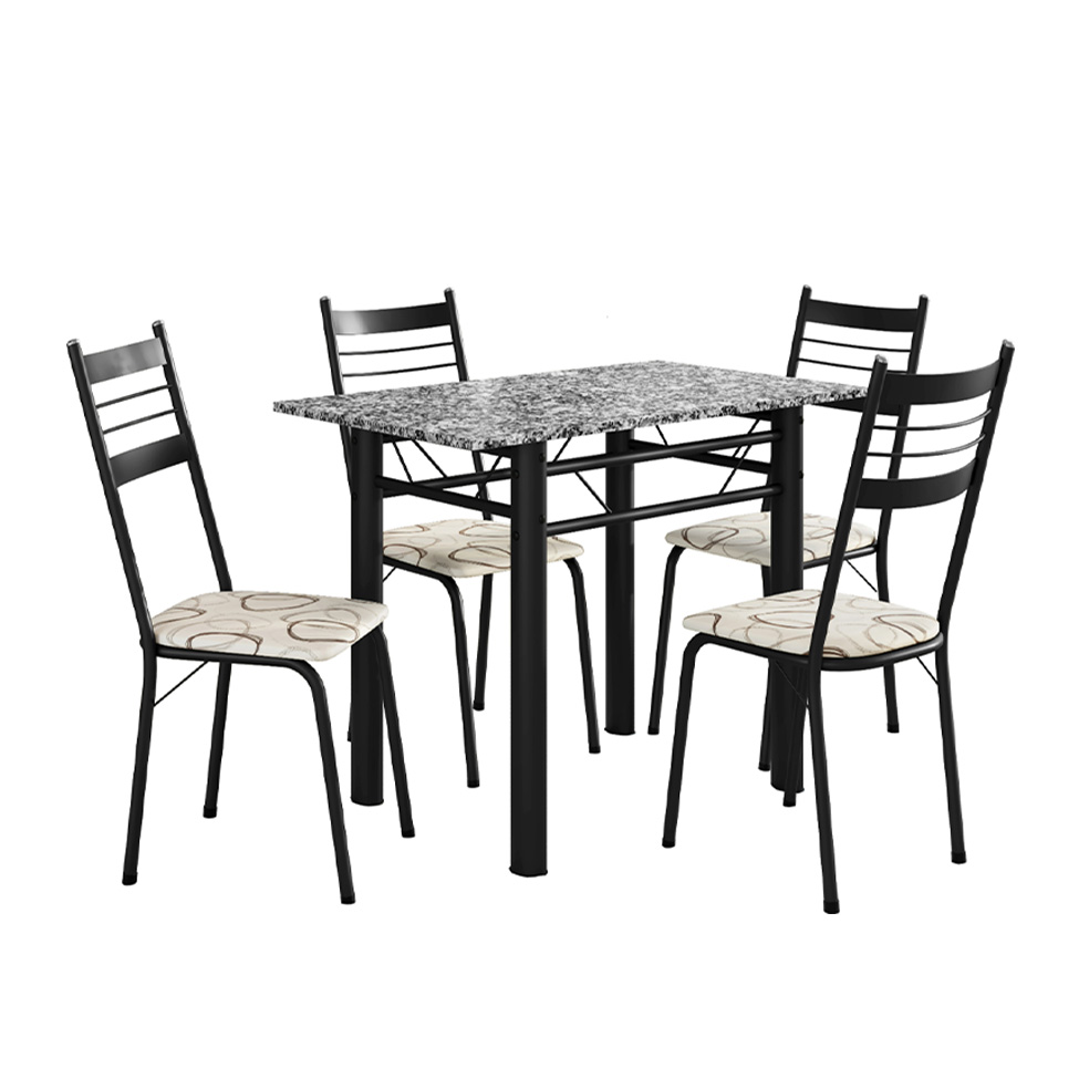 Conjunto de Mesa Retangular com Tampo de Granito e 4 Cadeiras Palma Revestimento Sintético Cedro e Preto 100 cm